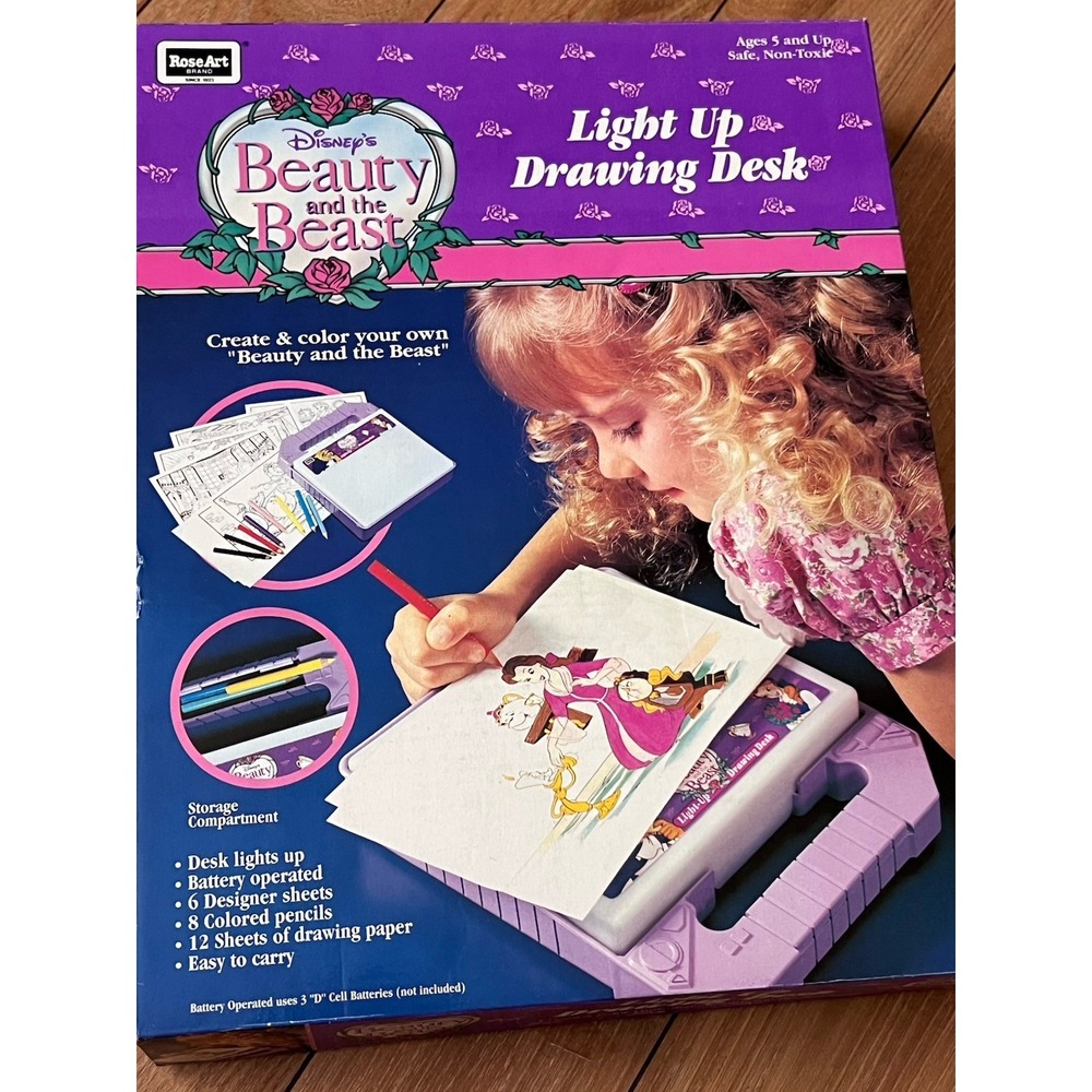 Disney Beauty And The Beast Light Up Drawing Desk Portable Rose Art Vintage 90s